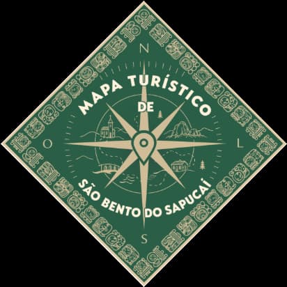 Logo do Mapa Turístico de São Bento do Sapucaí: losango verde com rosa dos ventos, pino de mapa, igreja e montanhas