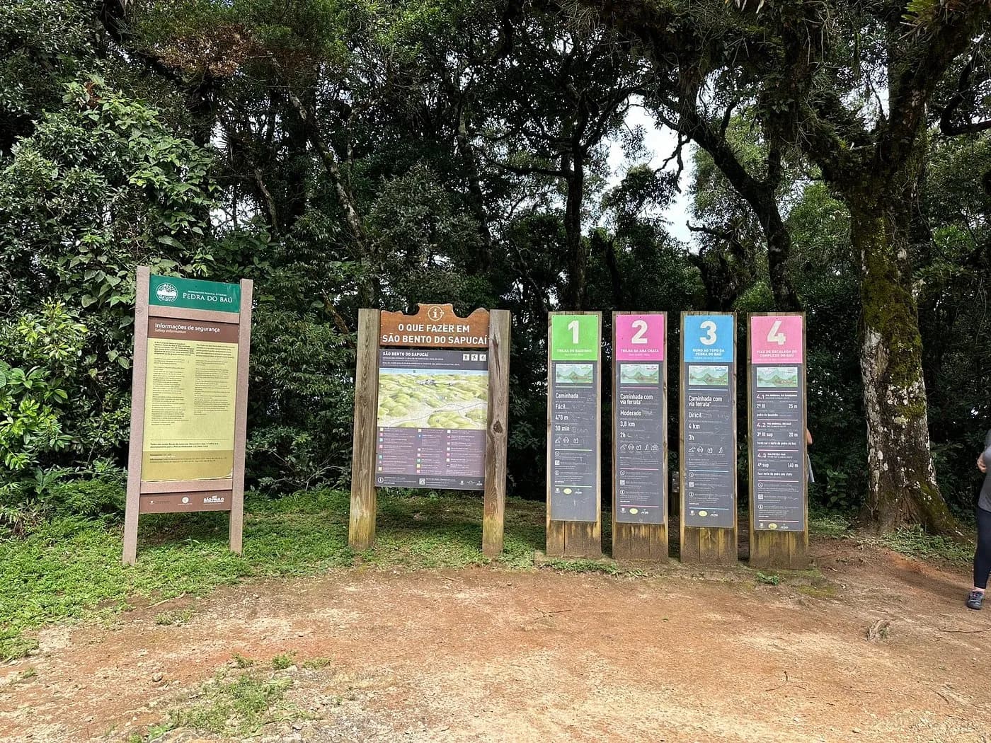 Placas na entrada do Monumento Natural da Pedra do Baú: segurança, mapa de São Bento do Sapucaí e as quatro trilhas por dificuldade
